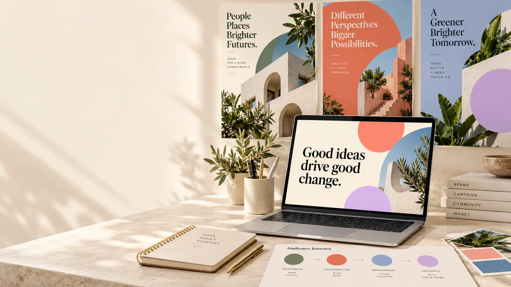 Concept campaign artwork arranged with a laptop, posters and creative materials