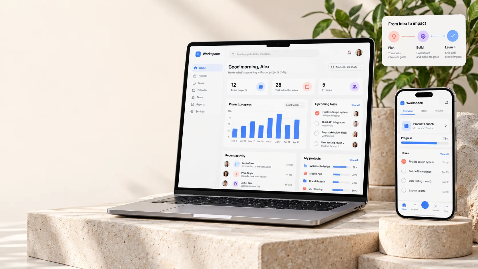 Illustrative custom software dashboard concept on a laptop and phone