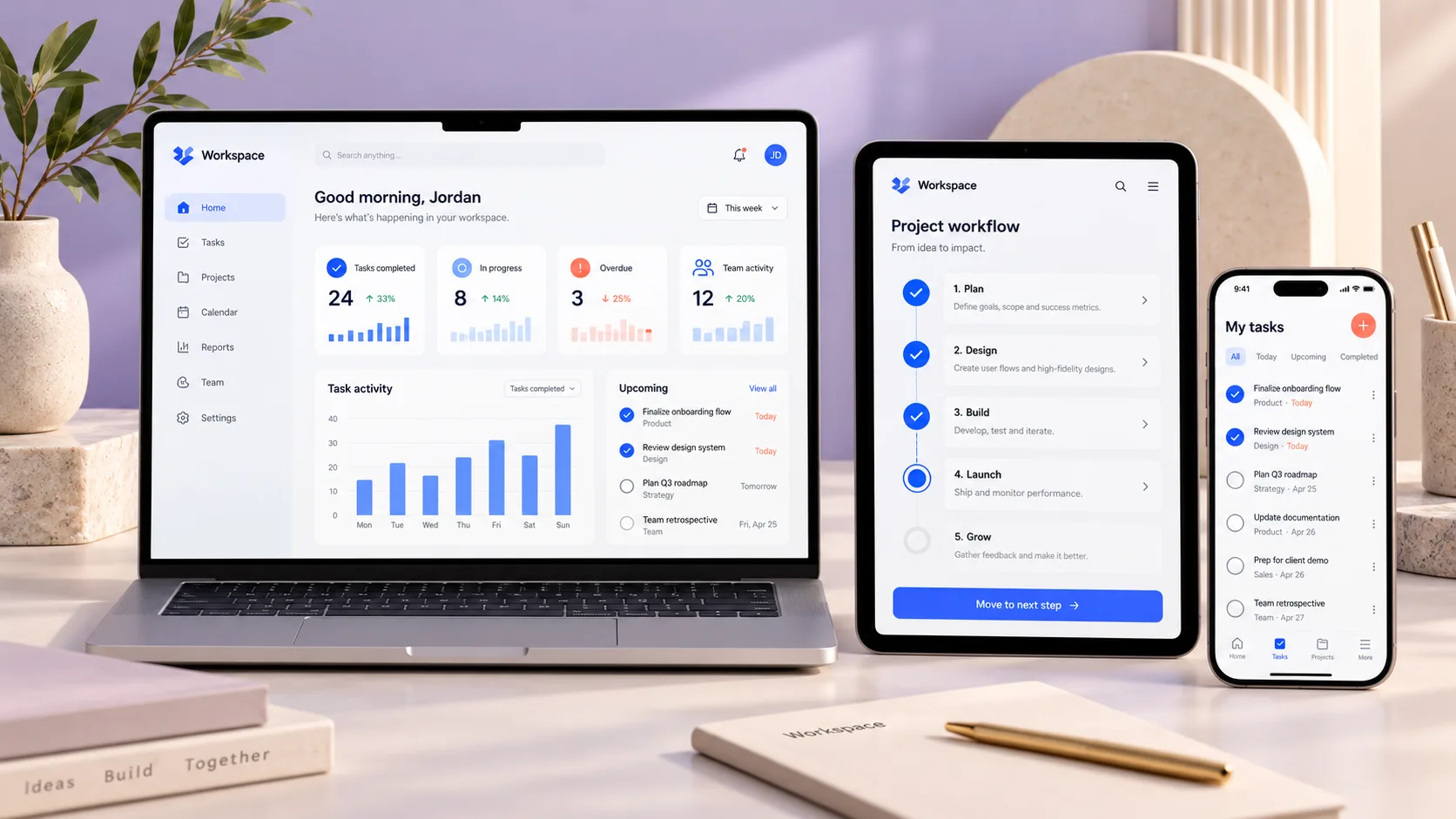 Illustrative software product concept shown on laptop, tablet and phone