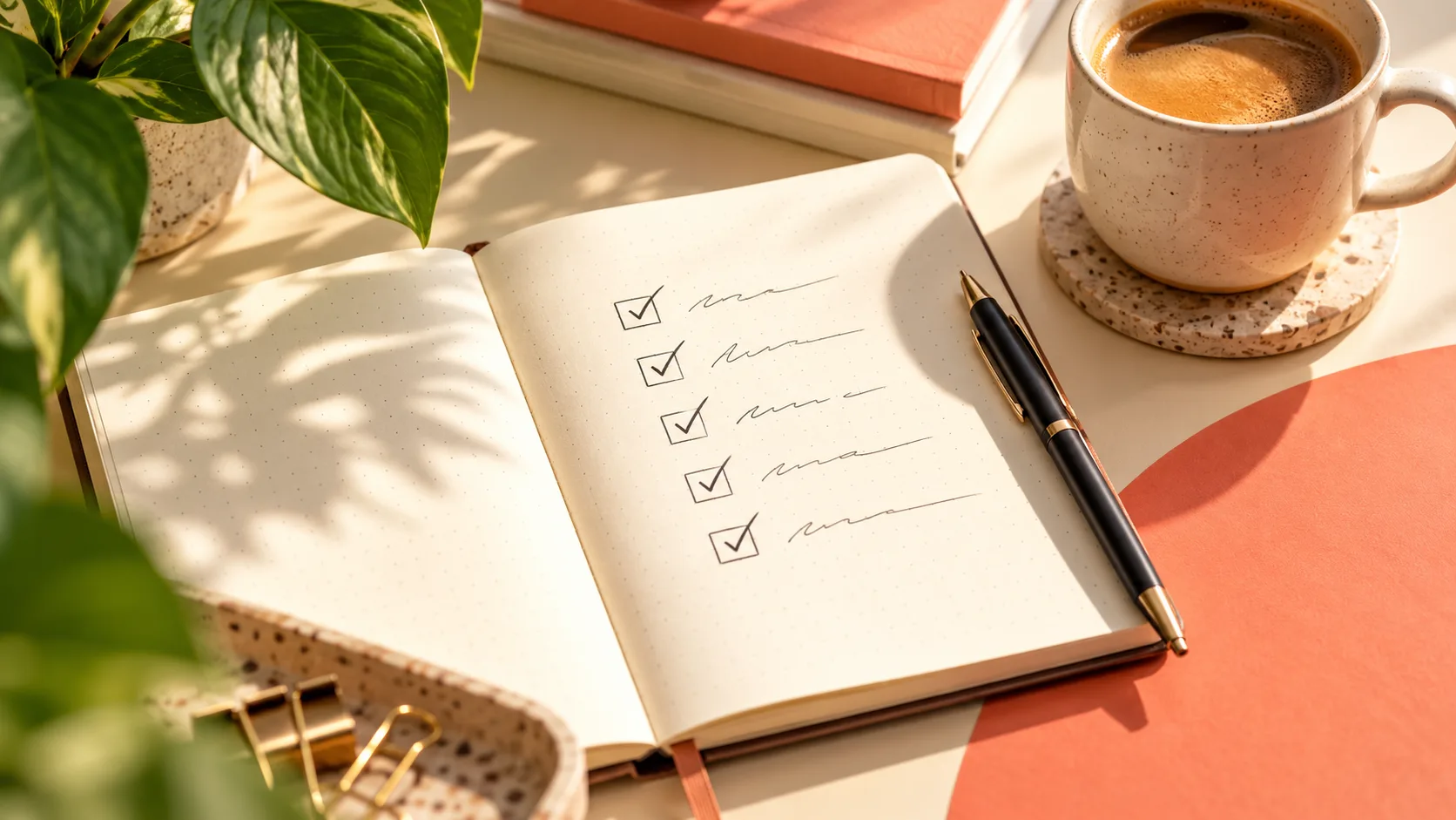 Open notebook with a checklist on a sunlit desk